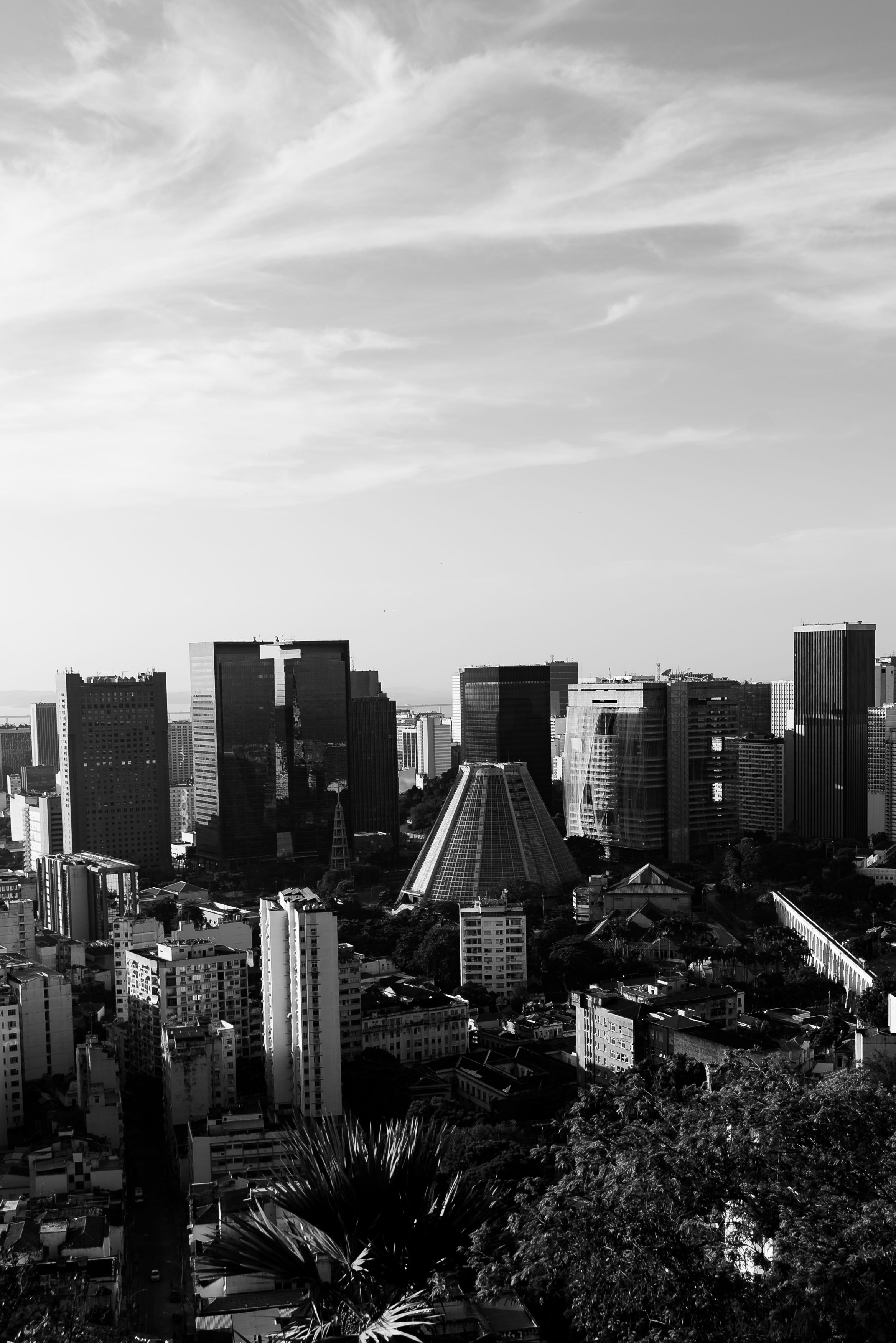 Aerial View of Modern City Skyline in Black and White · Free Stock Photo
