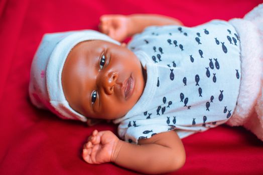A cute baby wearing a fish-patterned onesie lies on a vibrant red blanket, expressing curiosity.