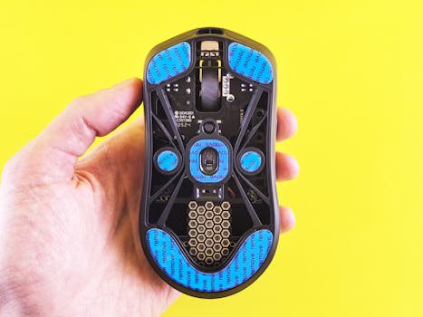 Close-up of a gaming mouse with hexagonal grip, held on a vibrant yellow background.
