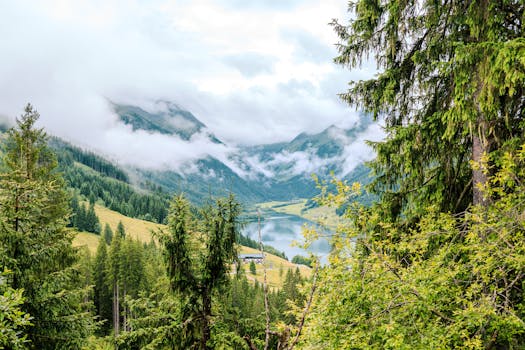 Breathtaking view of Tirol's alpine landscape with lush greenery and misty clouds.