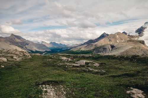 Free Breathtaking view of the Canadian Rockies in Jasper National Park during summer. Stock Photo