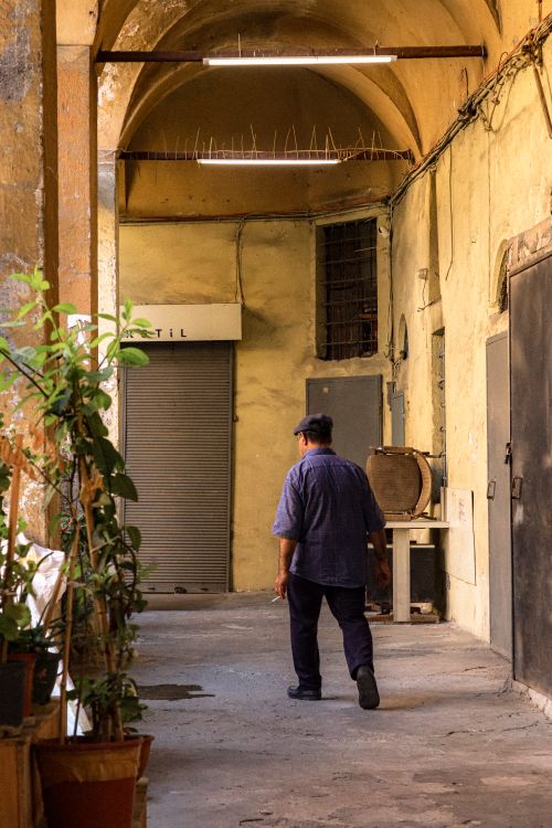 Free A man walks through a narrow, historic passageway lined with plants and arches. Stock Photo