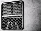 Black and white image of a child peering through a train window grate, capturing curiosity and introspection.