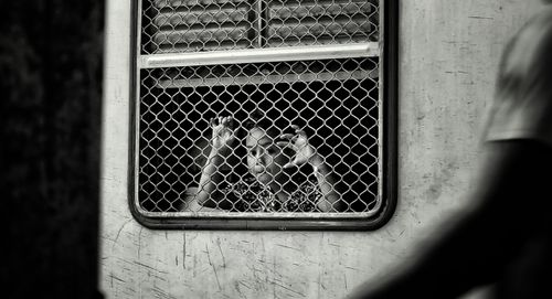 Free A child looks through a mesh-covered train window, evoking curiosity and reflection. Stock Photo