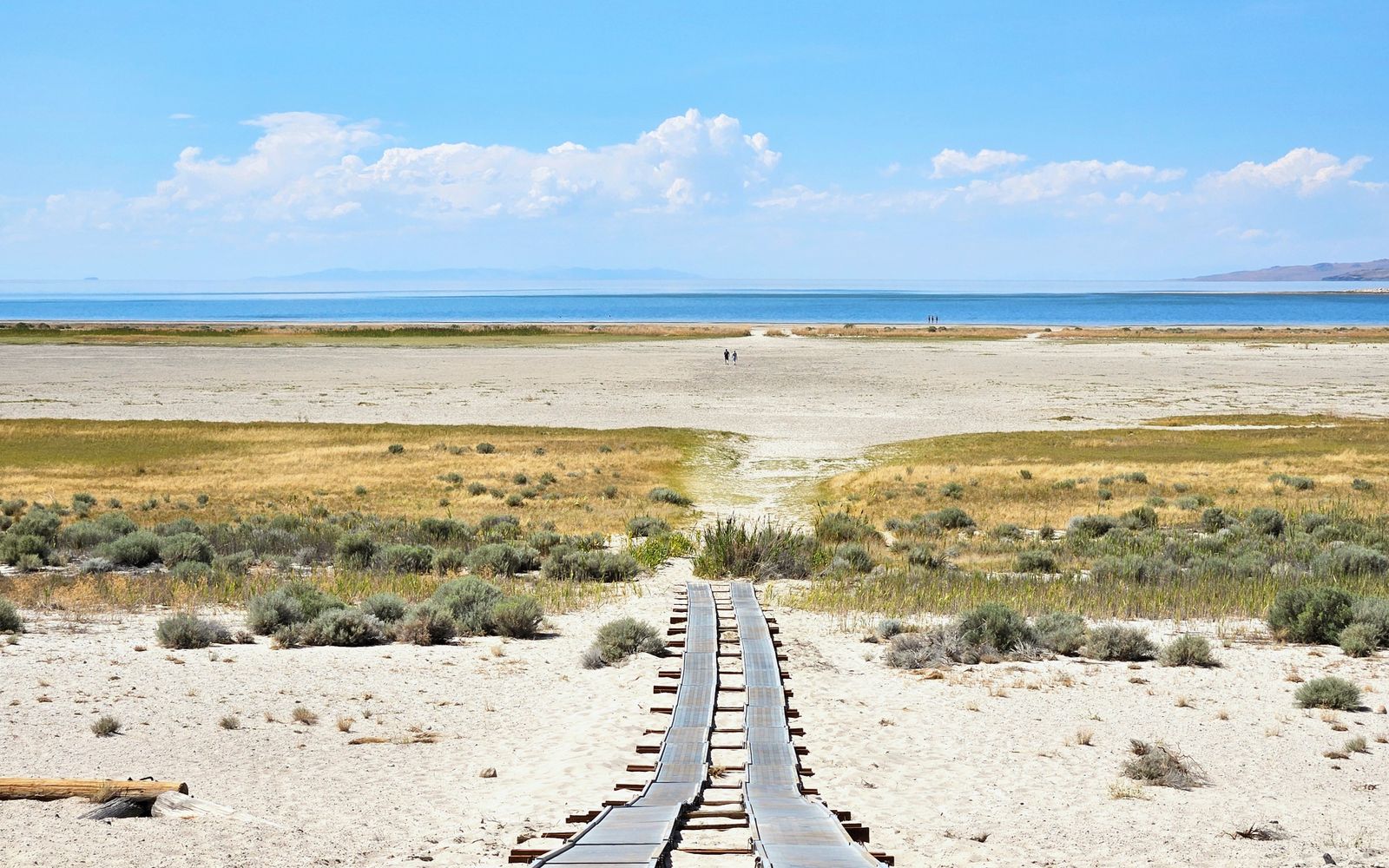 A wide view of the Great Salt Lake in Utah under an open sky