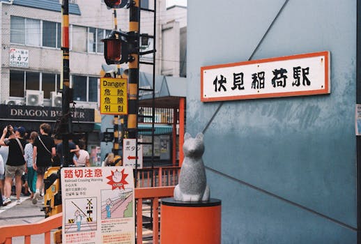 Explore the vibrant daily life near Fushimi Inari Station in Kyoto, Japan, showcasing unique Japanese architecture.