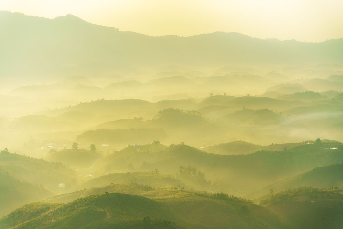 Misty Sunrise Over Rolling Green Hills · Free Stock Photo