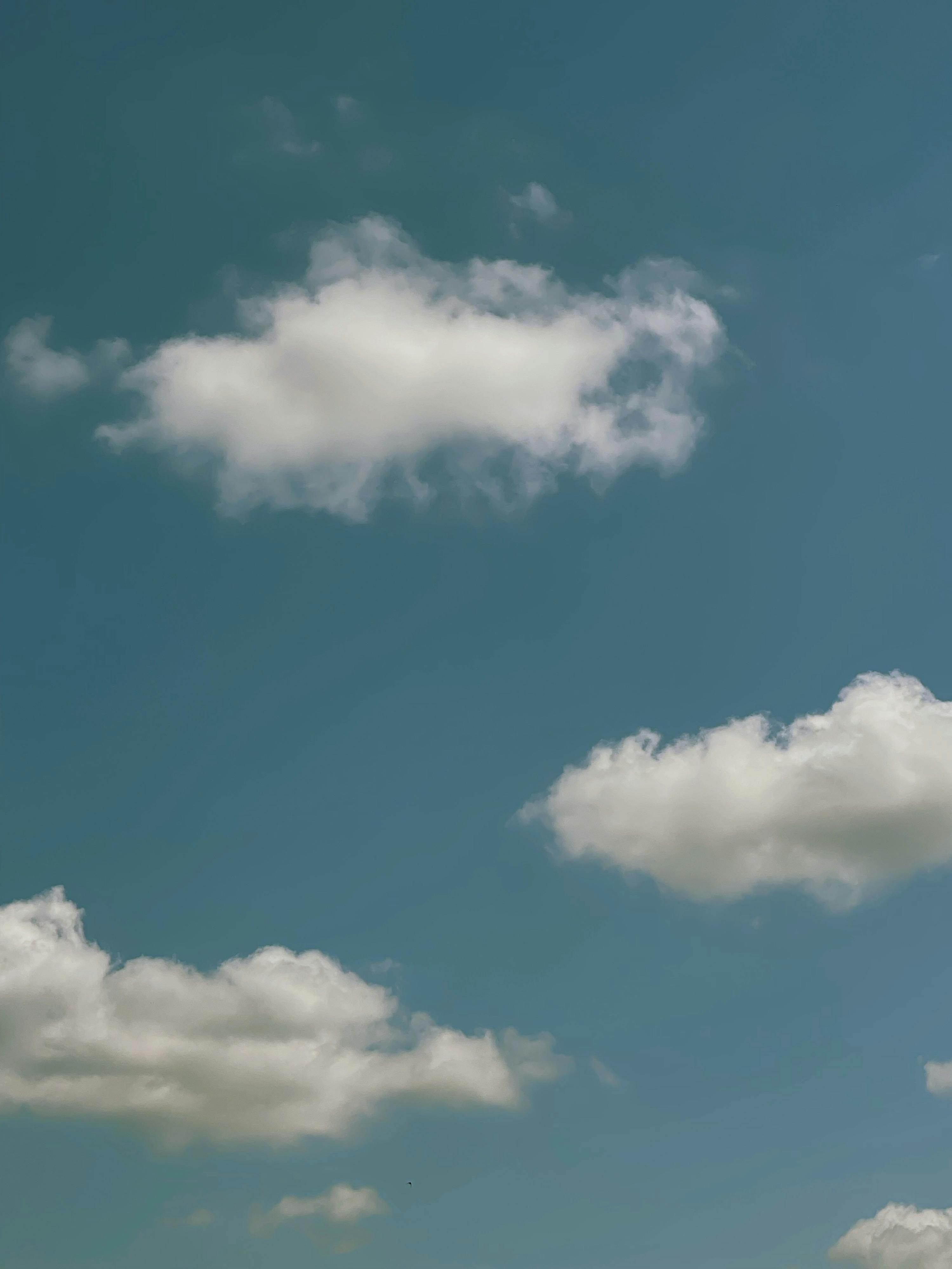 grátis Um céu tranquilo com fundo azul brilhante e nuvens brancas e fofas flutuando graciosamente. Foto profissional