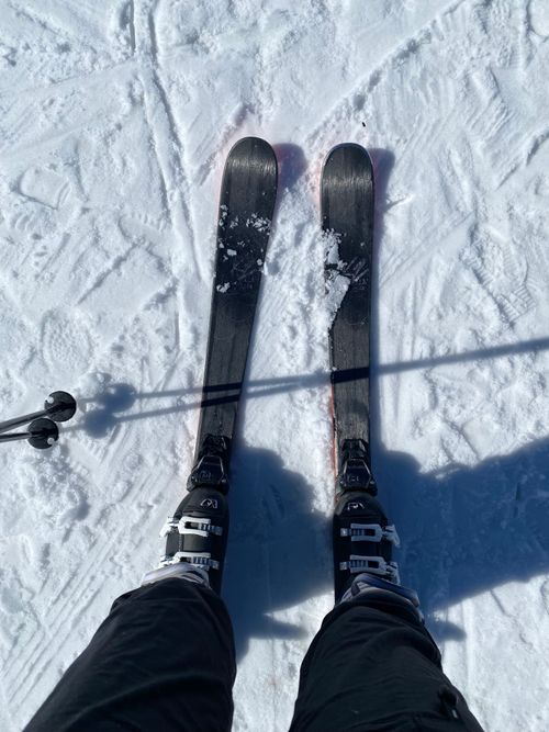 Free View from skier's perspective on a sunny day with clear skies. Stock Photo