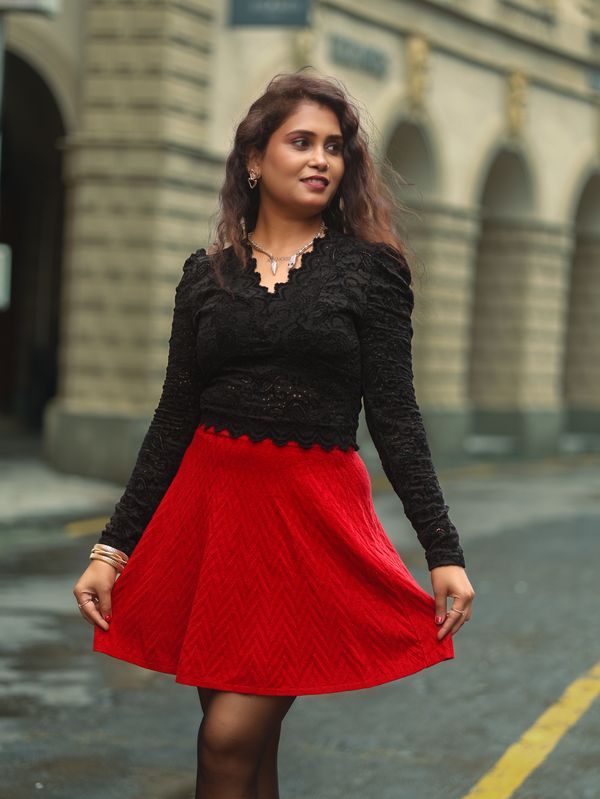 Black Lace Bodysuit and Red Skirt