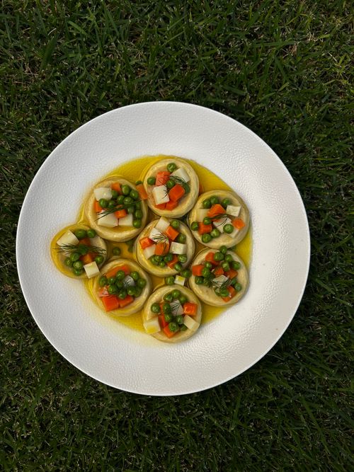 Free Colorful vegetable ravioli in a white bowl on grass, perfect for outdoor dining. Stock Photo