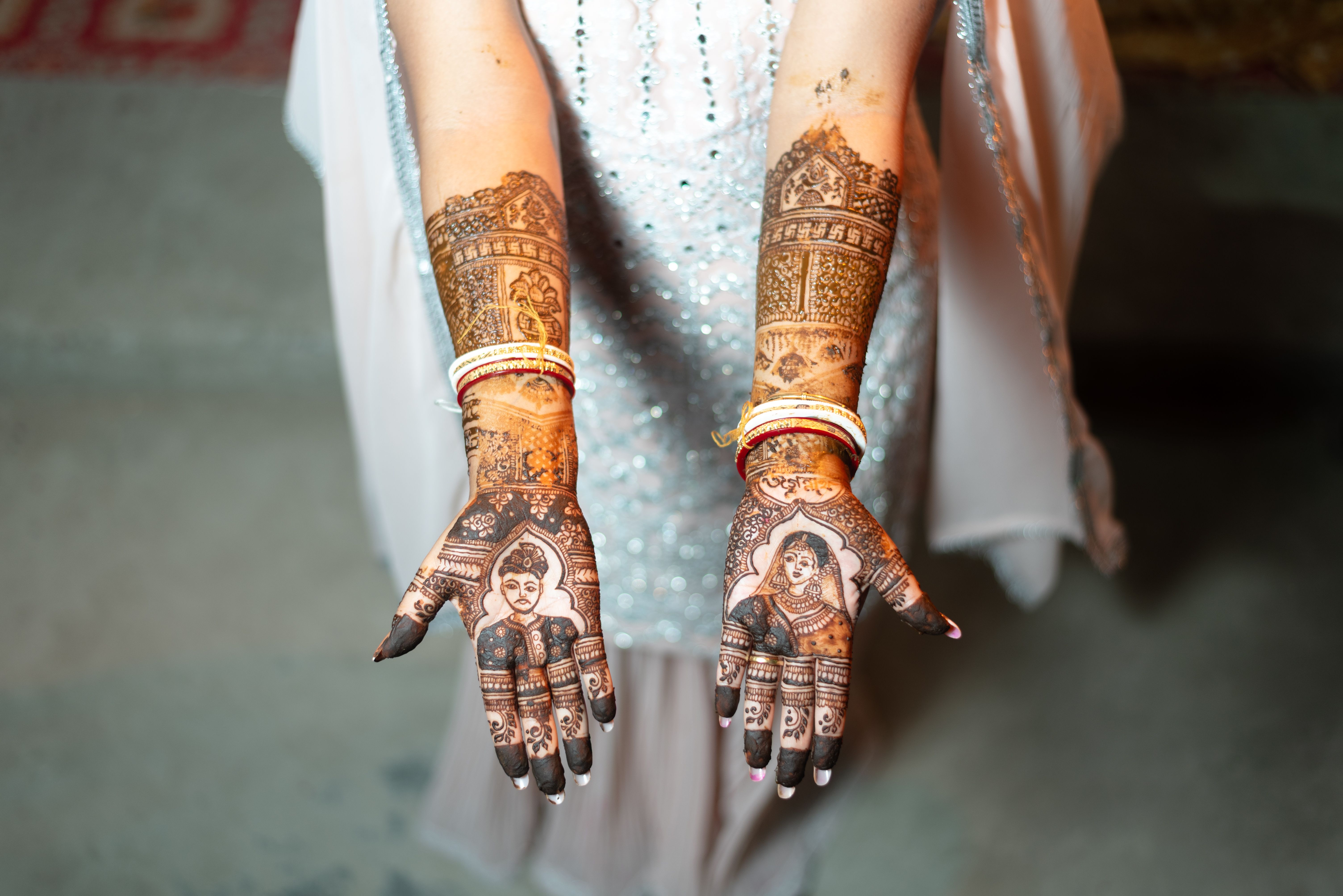 Indian bridal mehendi design close-up during wedding ceremony