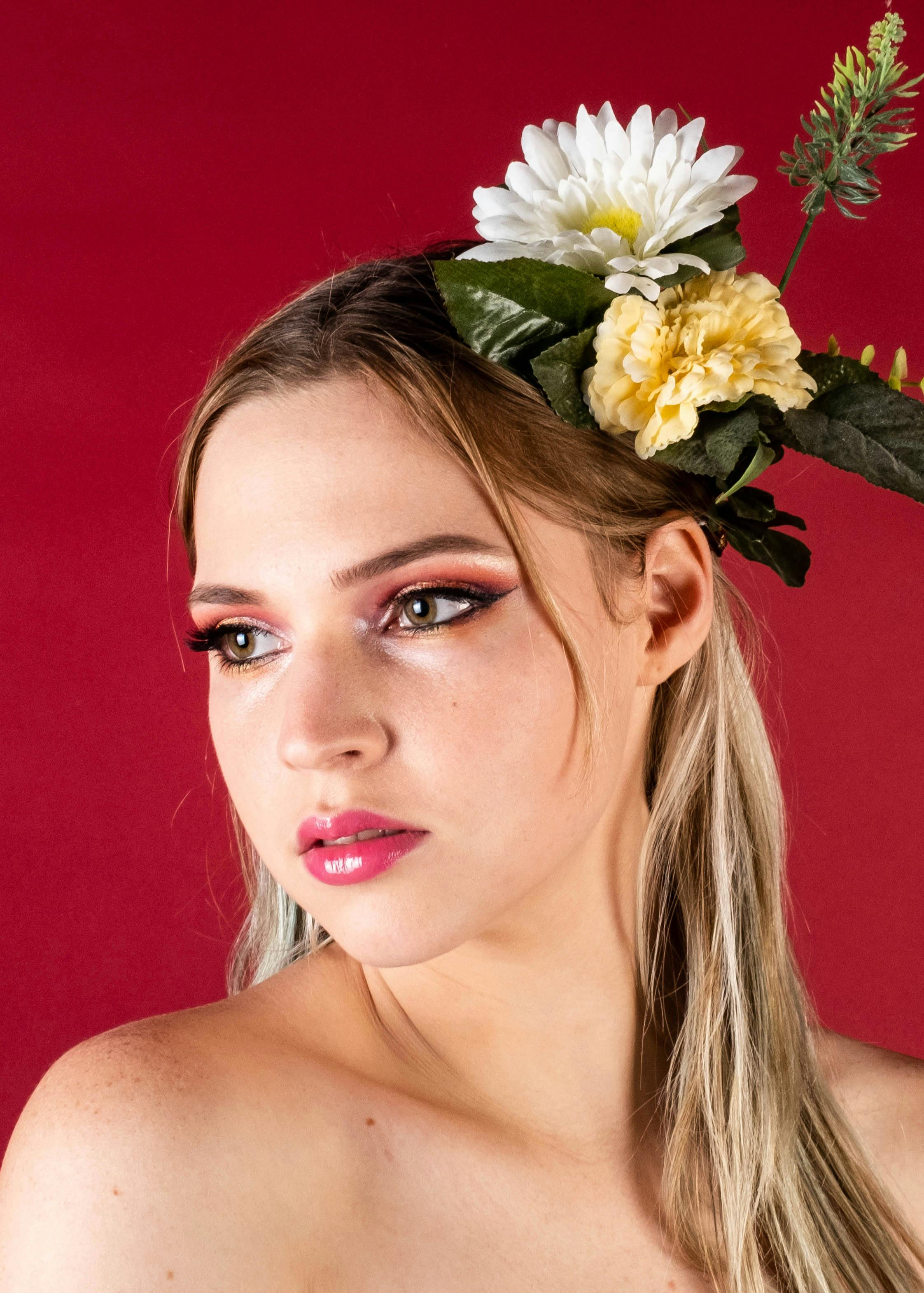 woman wearing floral headdress