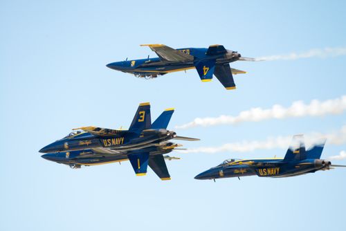 Free Spectacular aerial display by Blue Angels at a Fairfield, California airshow. Stock Photo