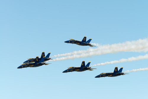 Free Spectacular flight formation of US Navy Blue Angels jets during an airshow in Fairfield, California. Stock Photo