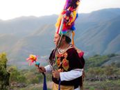 A vibrant traditional dancer in Oaxaca, Mexico with colorful attire against a mountainous backdrop.