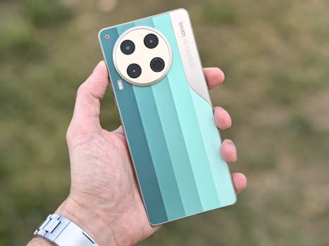 Stylish smartphone with gradient back cover held outside, showcasing modern design.