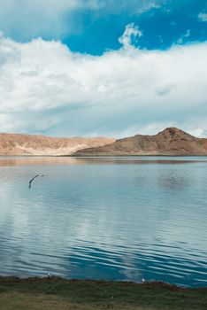 Serene lake with mountain backdrop under a vivid blue sky, peaceful and inviting.