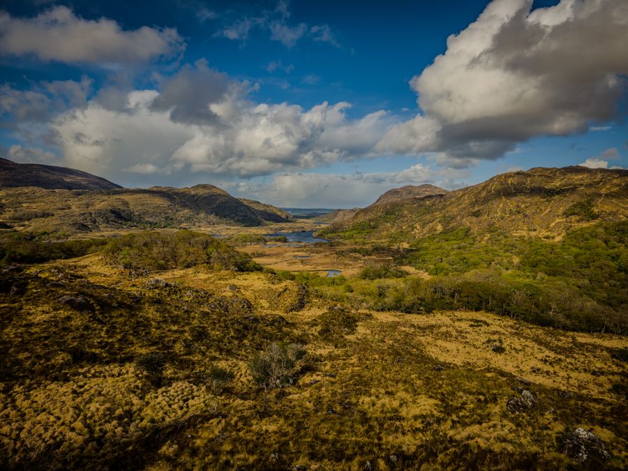 Landscape in Killarney, Ireland, showcasing spring foliage and hills