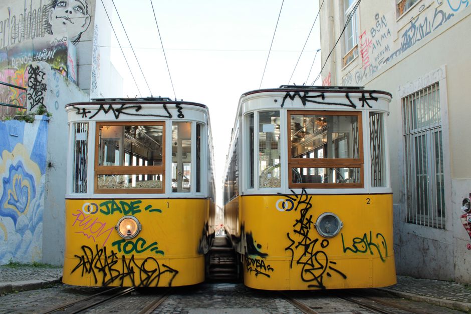 A yellow tram navigating the picturesque streets of Lisbon, embodying the city's lively spirit.