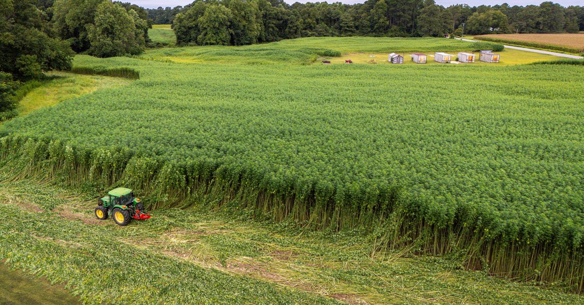 An aerial view of a tractor harvesting crops in a lush green farm field under a cloudy sky.