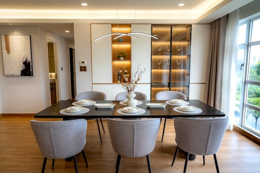 Stylish dining room with modern decor, featuring a set table, elegant lighting, and glass cabinet display.