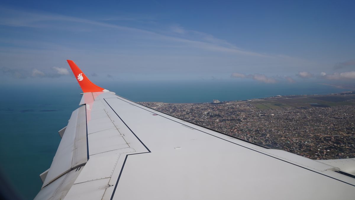 View from airplane window showing wing and coastal city below with vast ocean under blue sky.