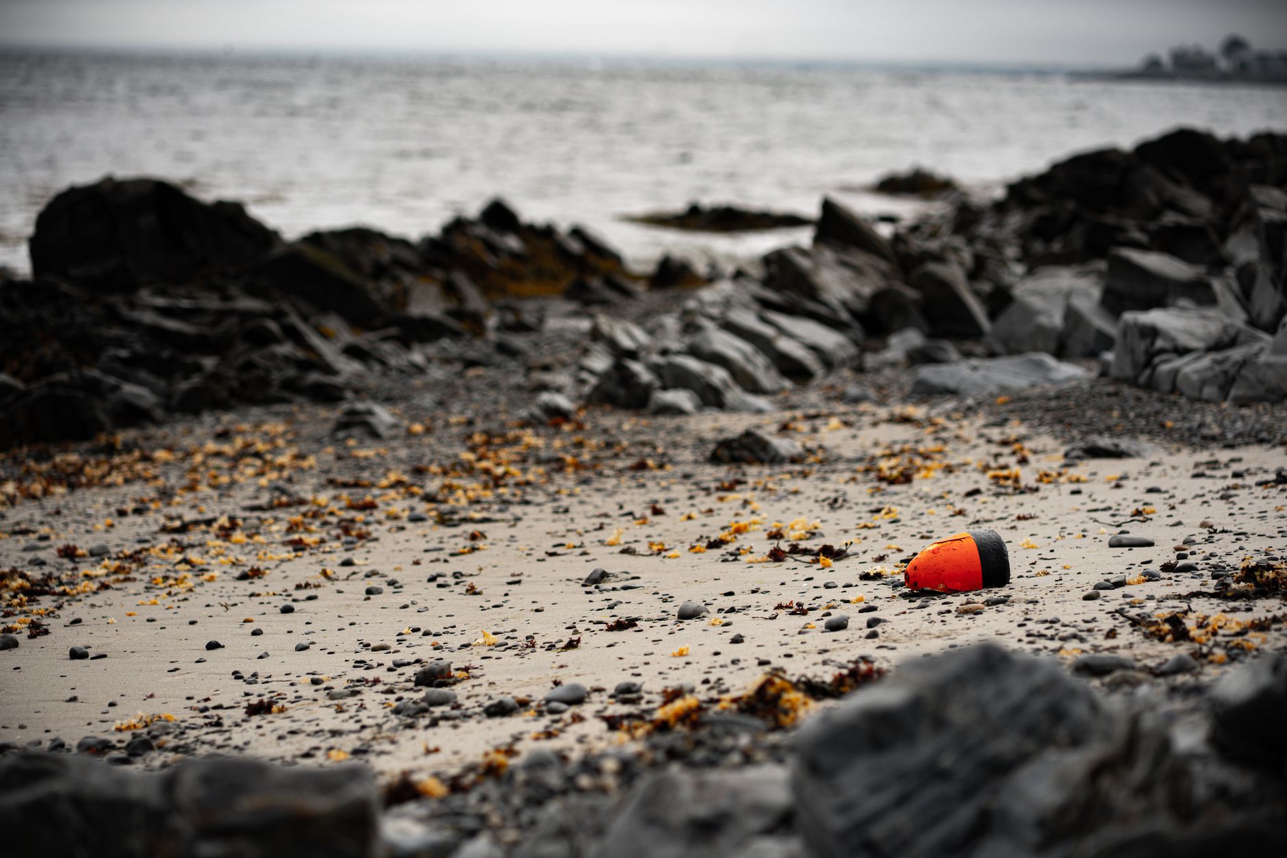 A vivid orange buoy lies on a rocky, seaweed-strewn beach on a cloudy day by the ocean.