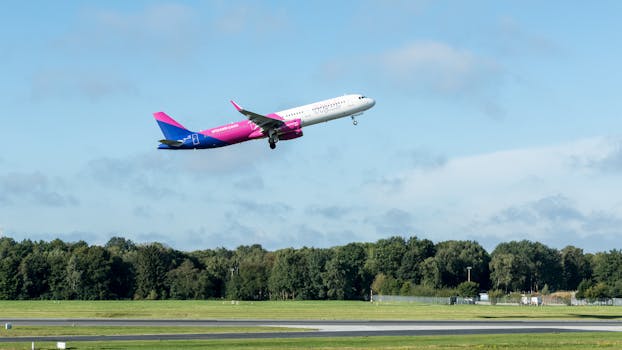 A colorful Wizz Air aircraft takes off from a sunny green airport runway.