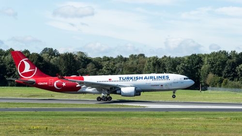 Free Turkish Airlines Airbus A330 on taxiway at Hamburg Airport, ready for takeoff. Stock Photo