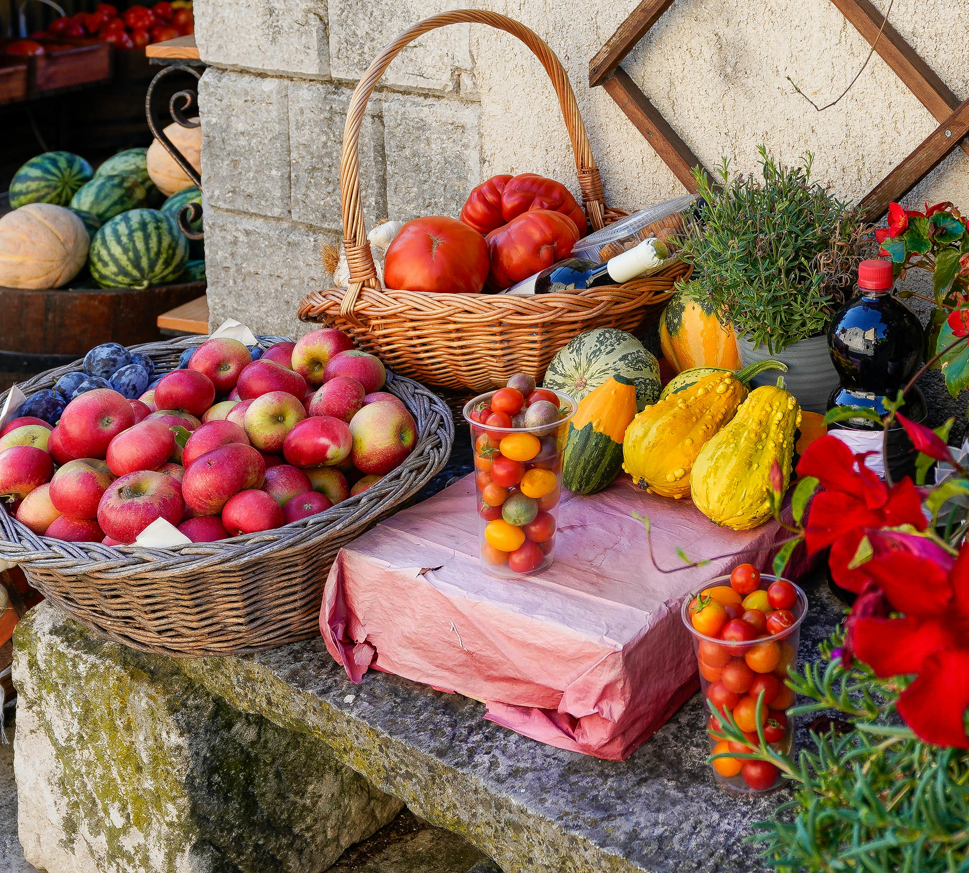 Fresh produce display with fruits and vegetables at a local market