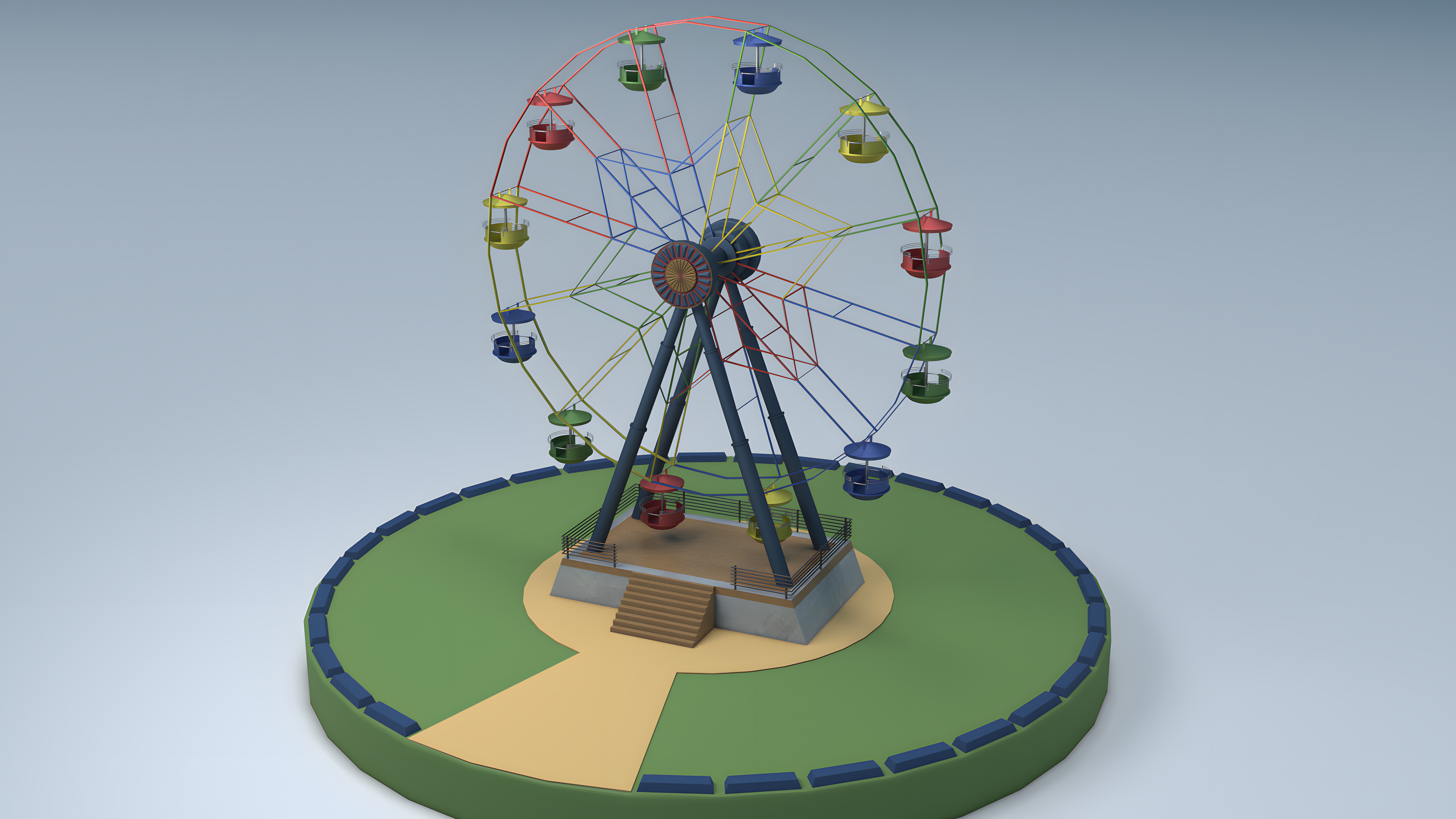 A vibrant Ferris wheel with colorful carriages in an amusement park setting.