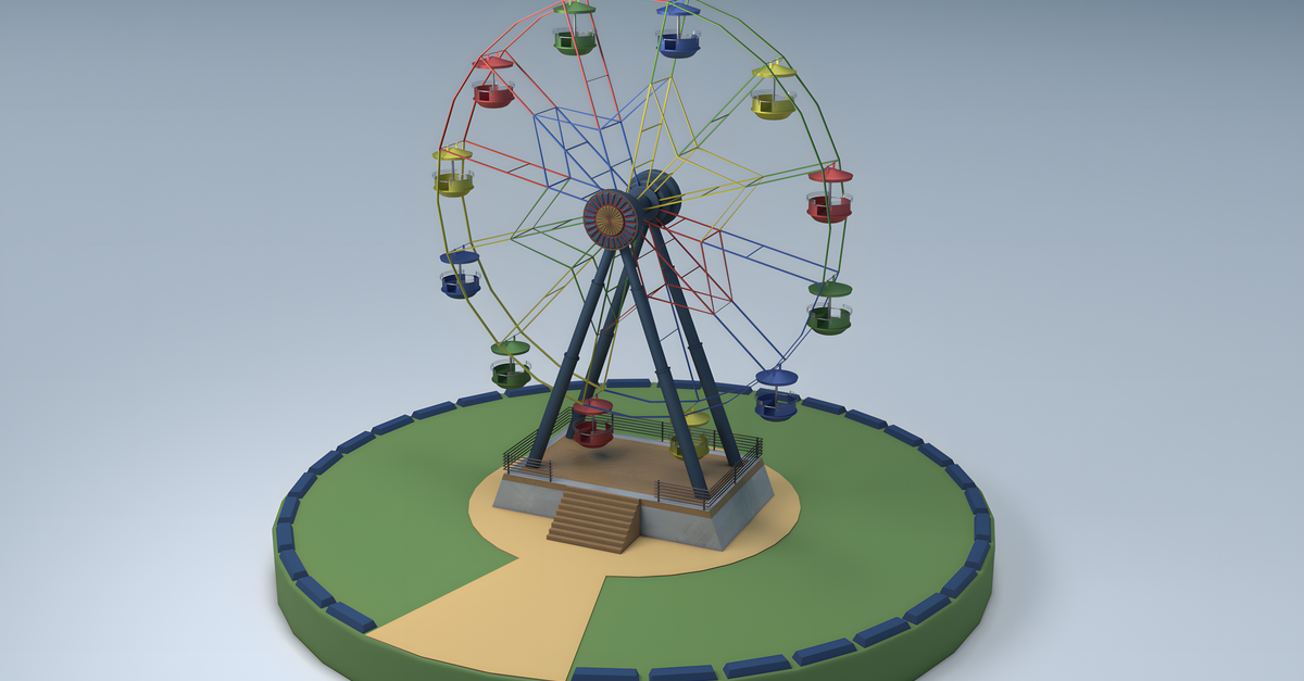 A vibrant Ferris wheel with colorful carriages in an amusement park setting.