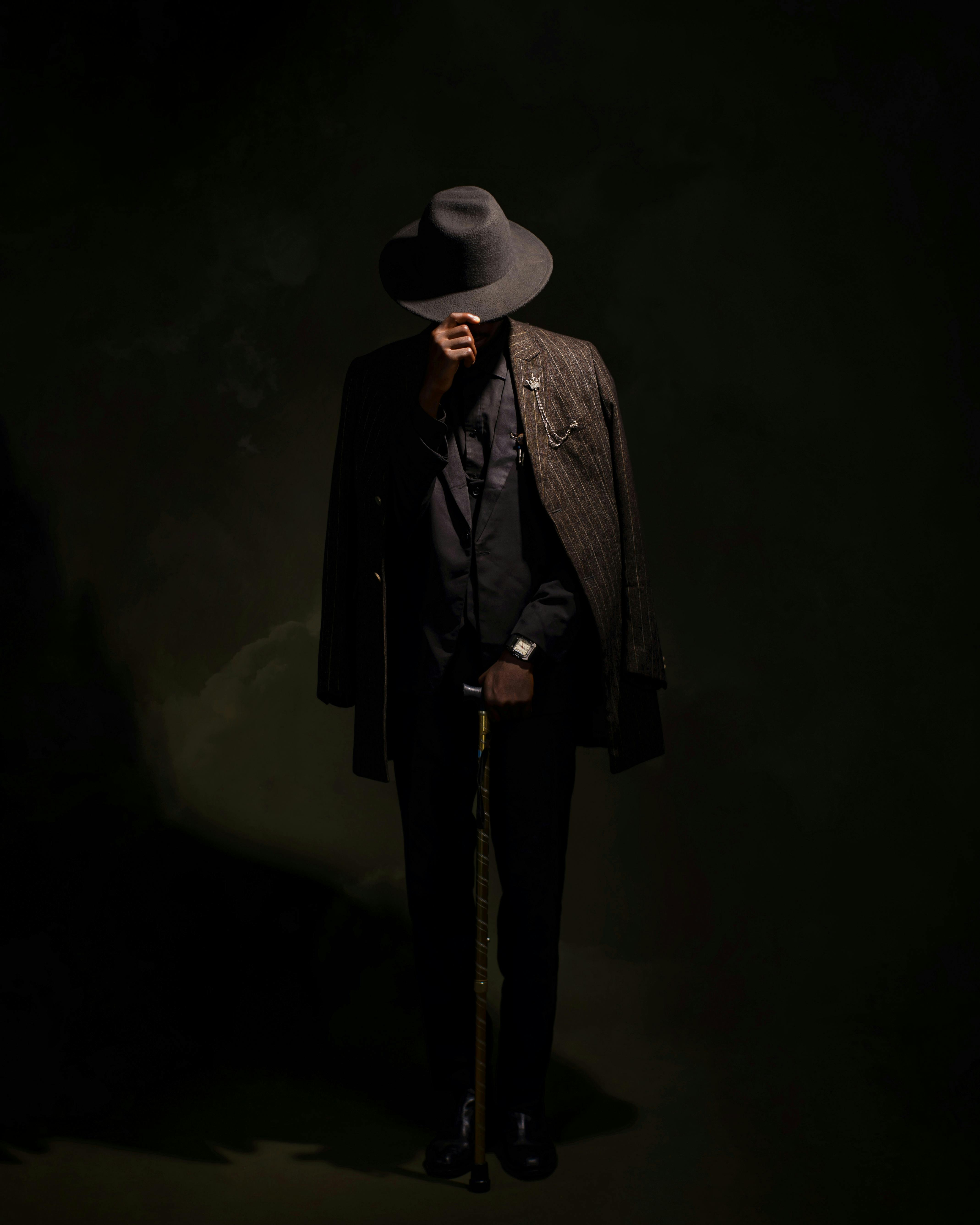 A dramatic portrait of a mysterious man in a wide-brim hat and pinstripe suit holding a cane.