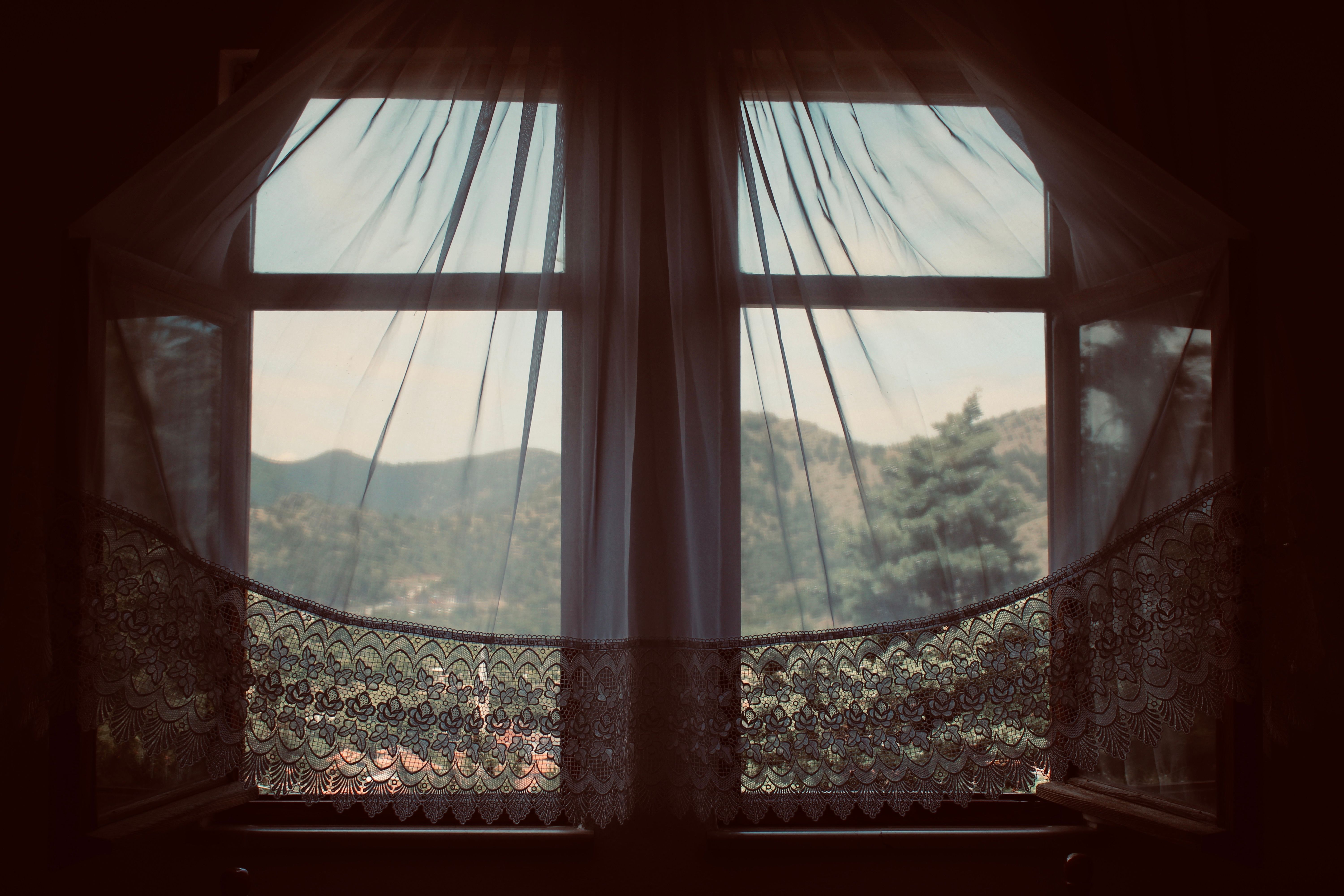 Serene landscape through a vintage window with lace curtains, capturing the peaceful outdoors.