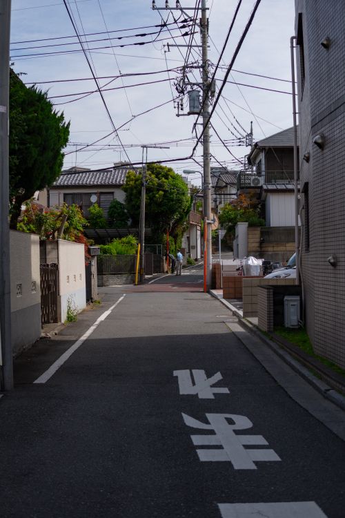 Free Small urban street in Japan with overhead cables and lush greenery, showcasing local architecture. Stock Photo