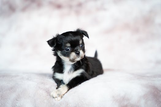 An adorable black and white teacup Chihuahua puppy poses on a soft surface in a studio setting.