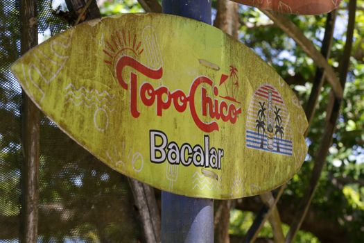 Brightly colored Topo Chico sign in Bacalar, Mexico, surrounded by lush greenery.
