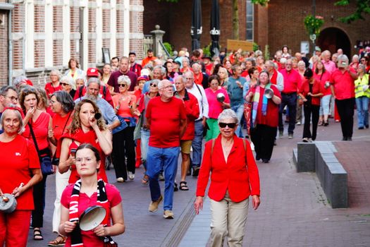 A peaceful outdoor protest with people in red clothing in Horst, Netherlands.