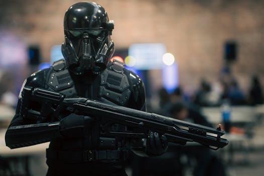 Cosplayer dressed in futuristic armor at anime convention in San José, Costa Rica.