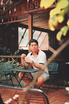 A man in casual attire enjoying a relaxed moment in a rustic outdoor patio with wooden features.
