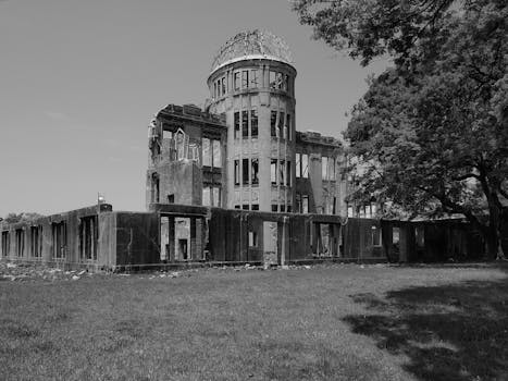 Black and white image of Hiroshima Peace Memorial symbolizing resilience.