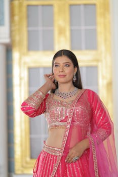 A confident bride in a luxurious pink saree poses elegantly indoors.