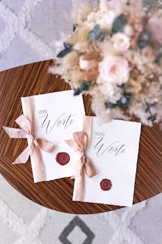Beautifully styled wedding vow books with floral arrangement on a wooden table.