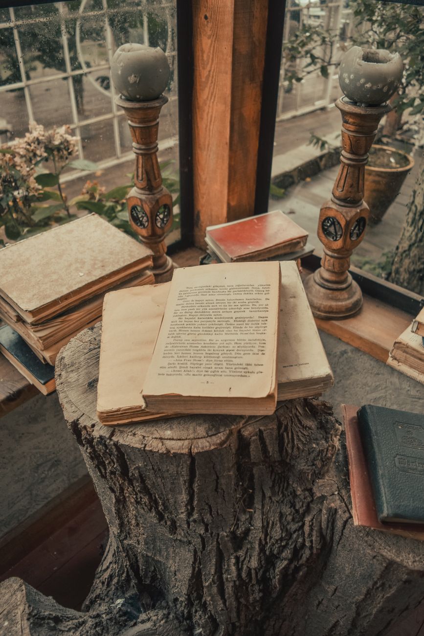 A collection of vintage books displayed on a rustic stump table with candle holders.