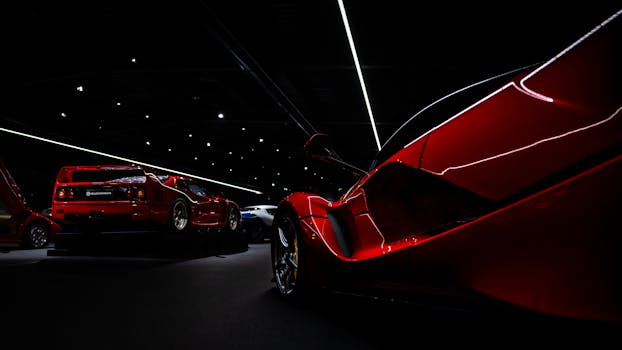 Striking red sports cars showcased in dramatic dim lighting at an indoor exhibition.