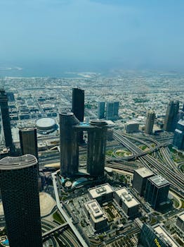 High-angle view of modern skyscrapers and highways in Dubai, UAE.