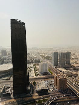 Captivating aerial view of Dubai's skyline with a prominent skyscraper under a clear sky.