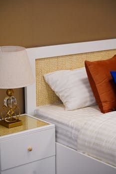 Stylish bedroom corner with a white bed, pillows, and designer lamp.