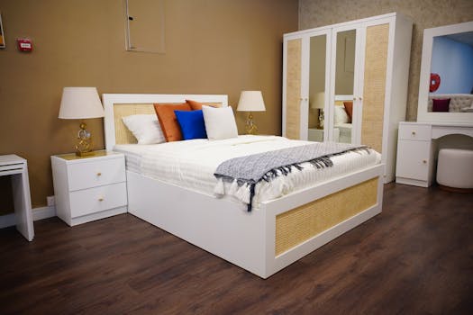 A stylish bedroom with elegant white furniture and cozy decor.